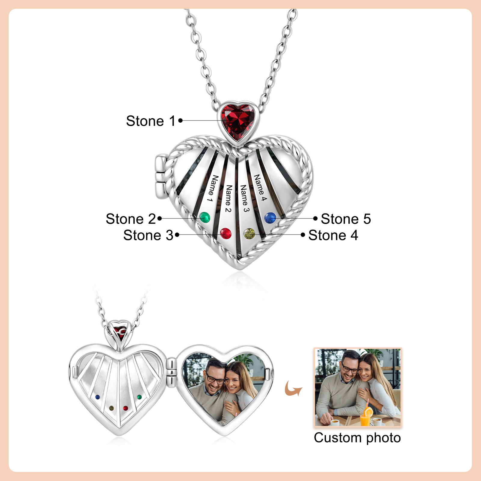 Personalized Heart Locket Birthstone Photo Necklace Custom with 1-6 Names Birthstones