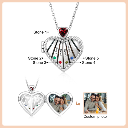 Personalized Heart Locket Birthstone Photo Necklace Custom with 1-6 Names Birthstones