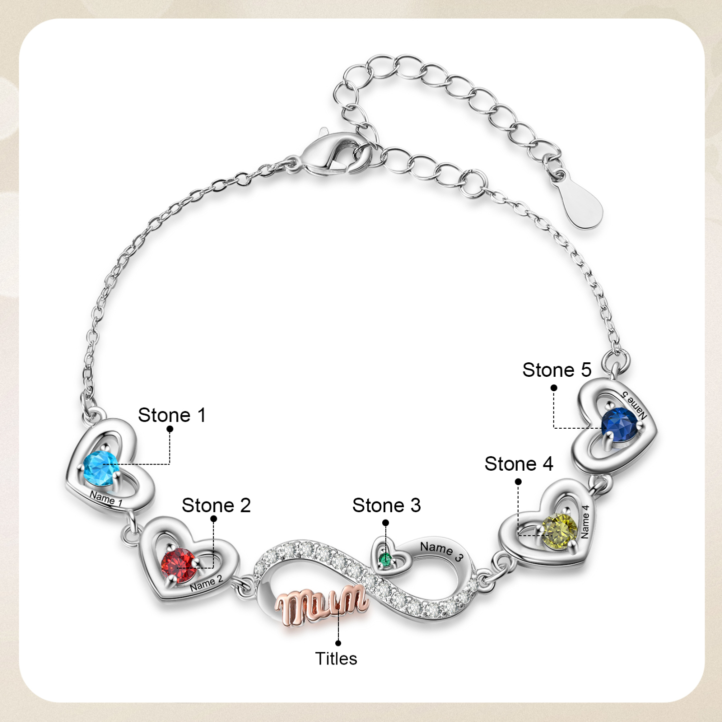 Personalized Infinity Heart Bracelet Mom Birthstones Bracelet Customized With 2–6 Names