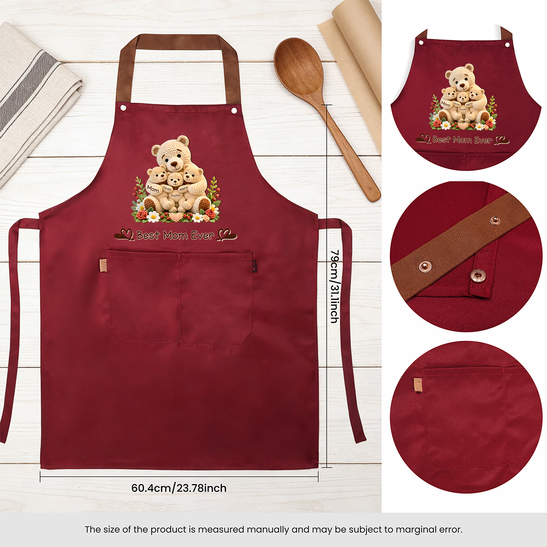 Personalized Cooking Apron With Pocket Customized With 1-10 Names And Teddy Bear