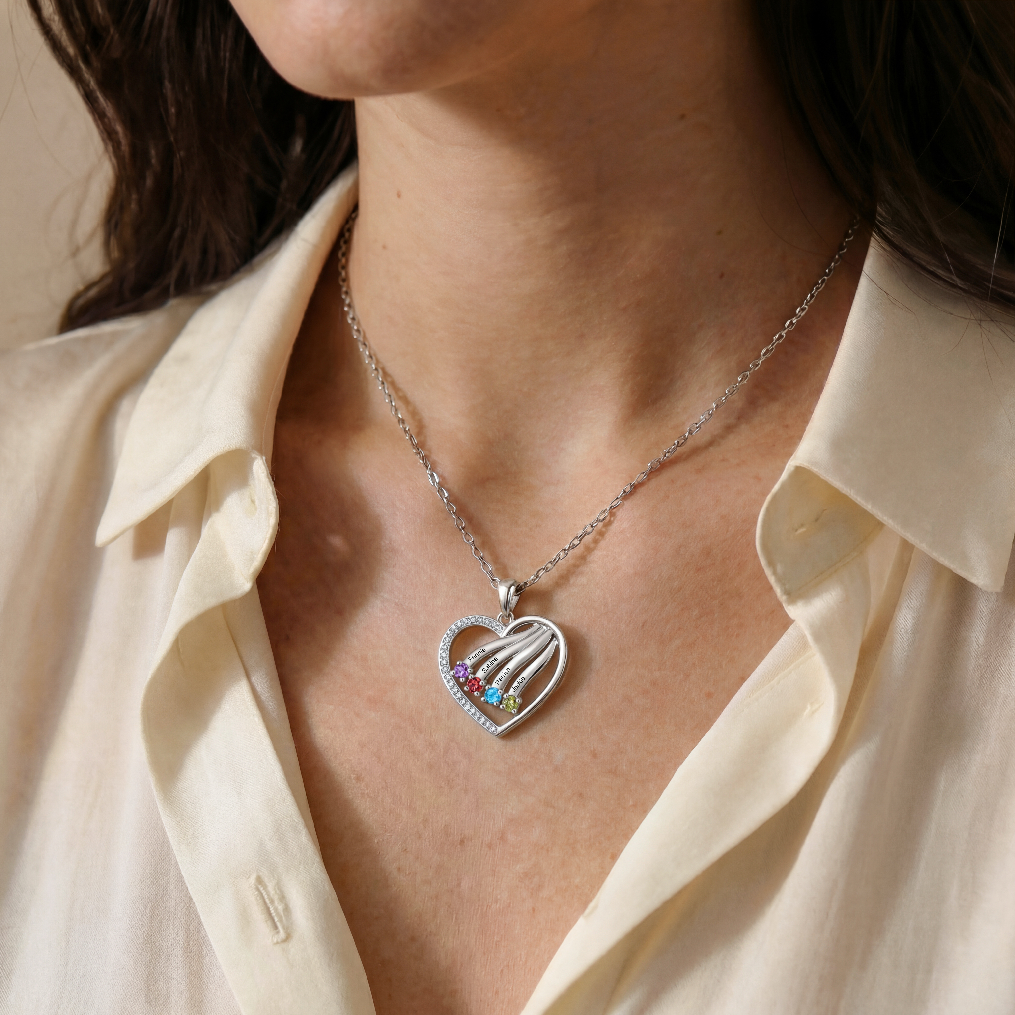 Personalized Heart Name Necklace Custom With Birthstones Engraved 4–6 Children’s Names