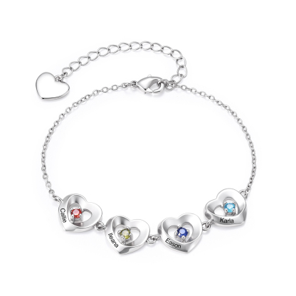 Personalized Linked Hearts Bracelet Customized with 2-5 Names and Birthstones Family Jewelry for Mom