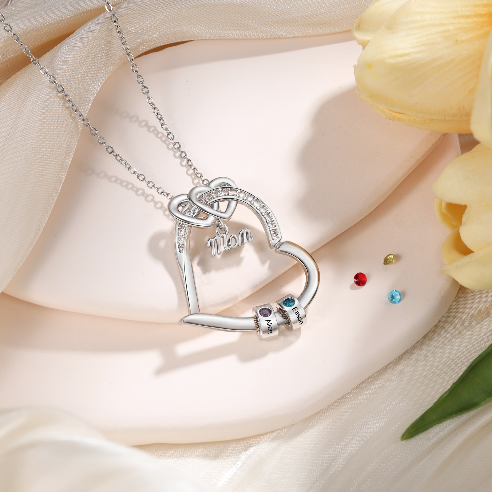 Personalized Mom Heart Necklace with 1–5 Names and Birthstones