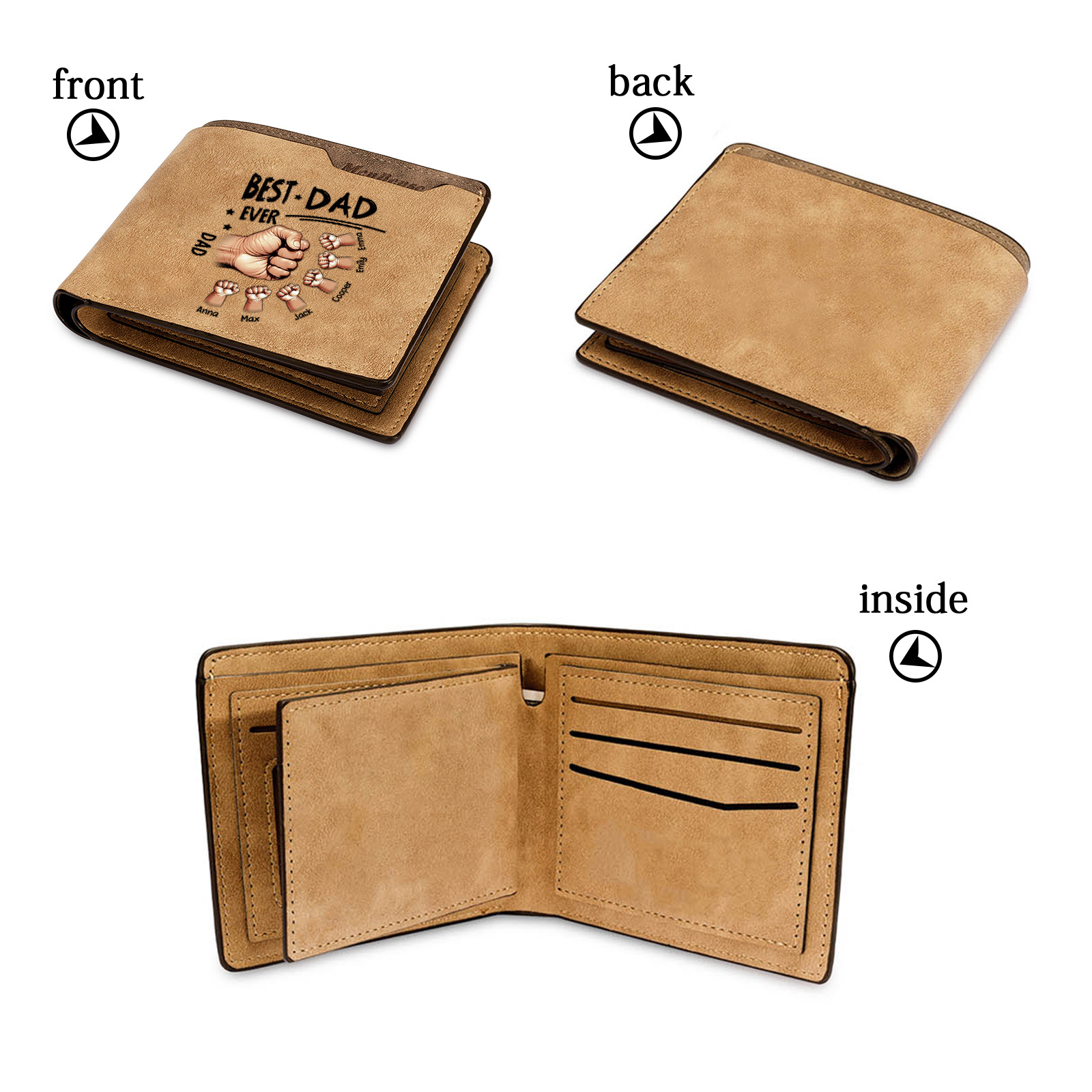 Best Dad Ever - Personalized Leather Wallet Custom 2-7 Names and Fist Bump| Father's Day Gift for Dad | Jessemade