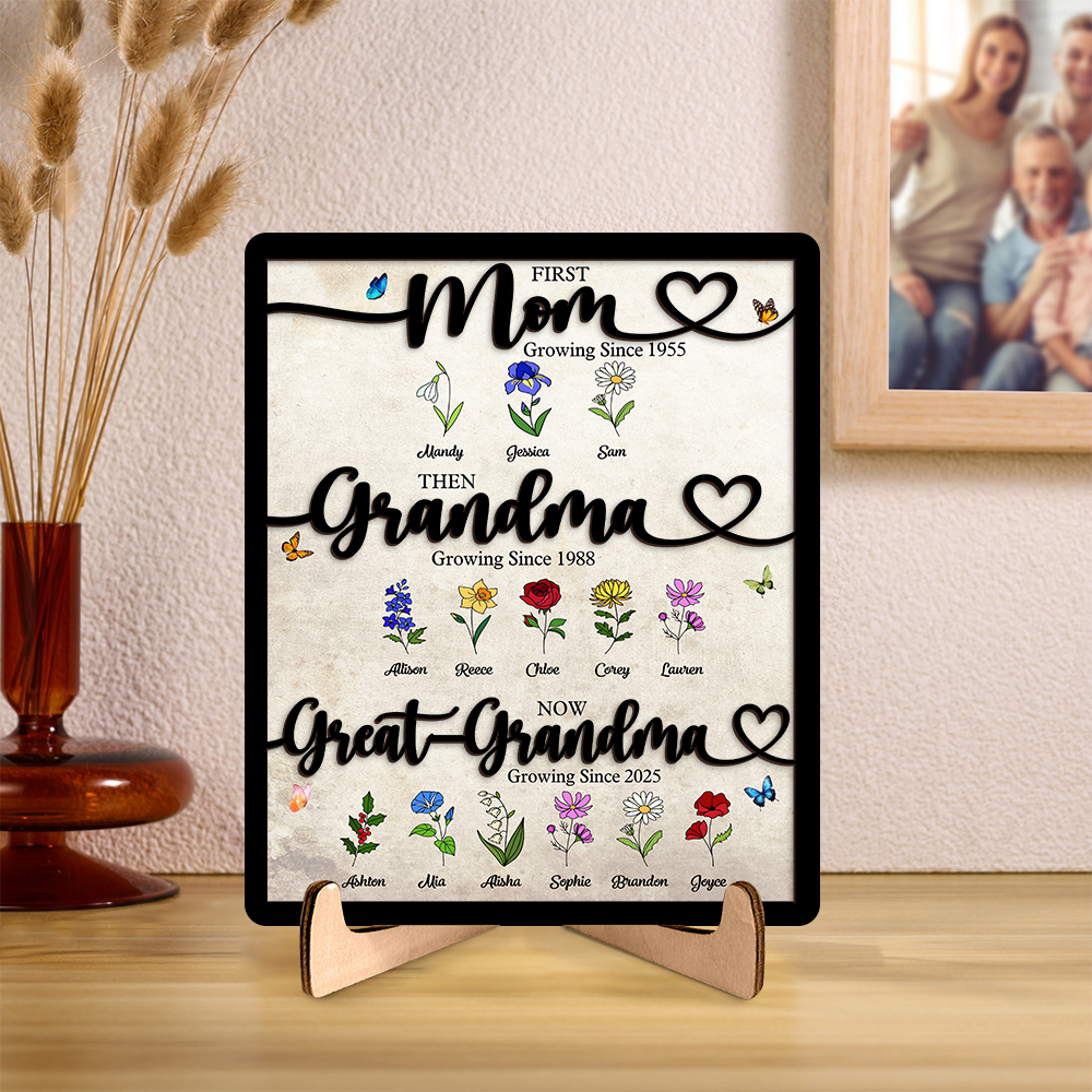 Personalized Family Wooden Plaque “First Mom, then Grandma, now Great-Grandma” Wooden Sign with Floral Design