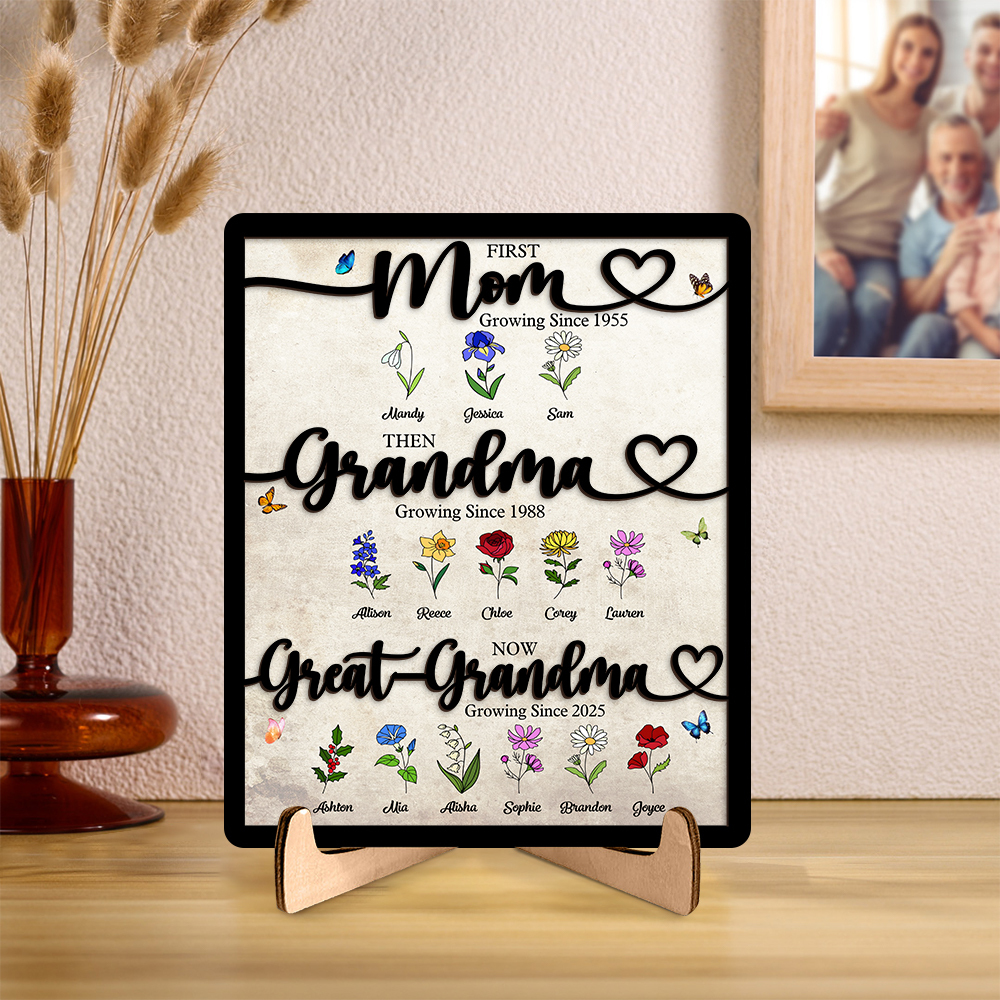 Personalized Family Wooden Plaque “First Mom, then Grandma, now Great-Grandma” Wooden Sign with Floral Design