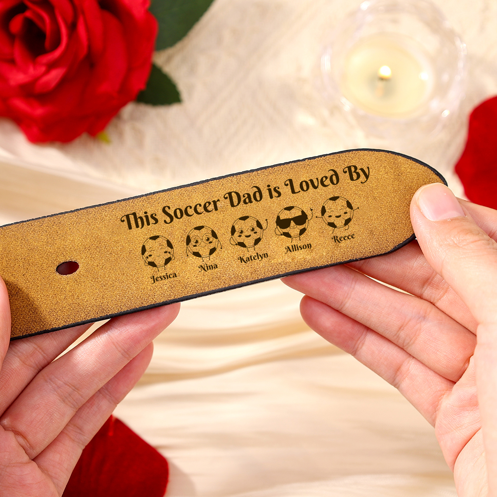 Personalized Men's Leather Belt Soccer Family Engraved With 1 To 8 Names