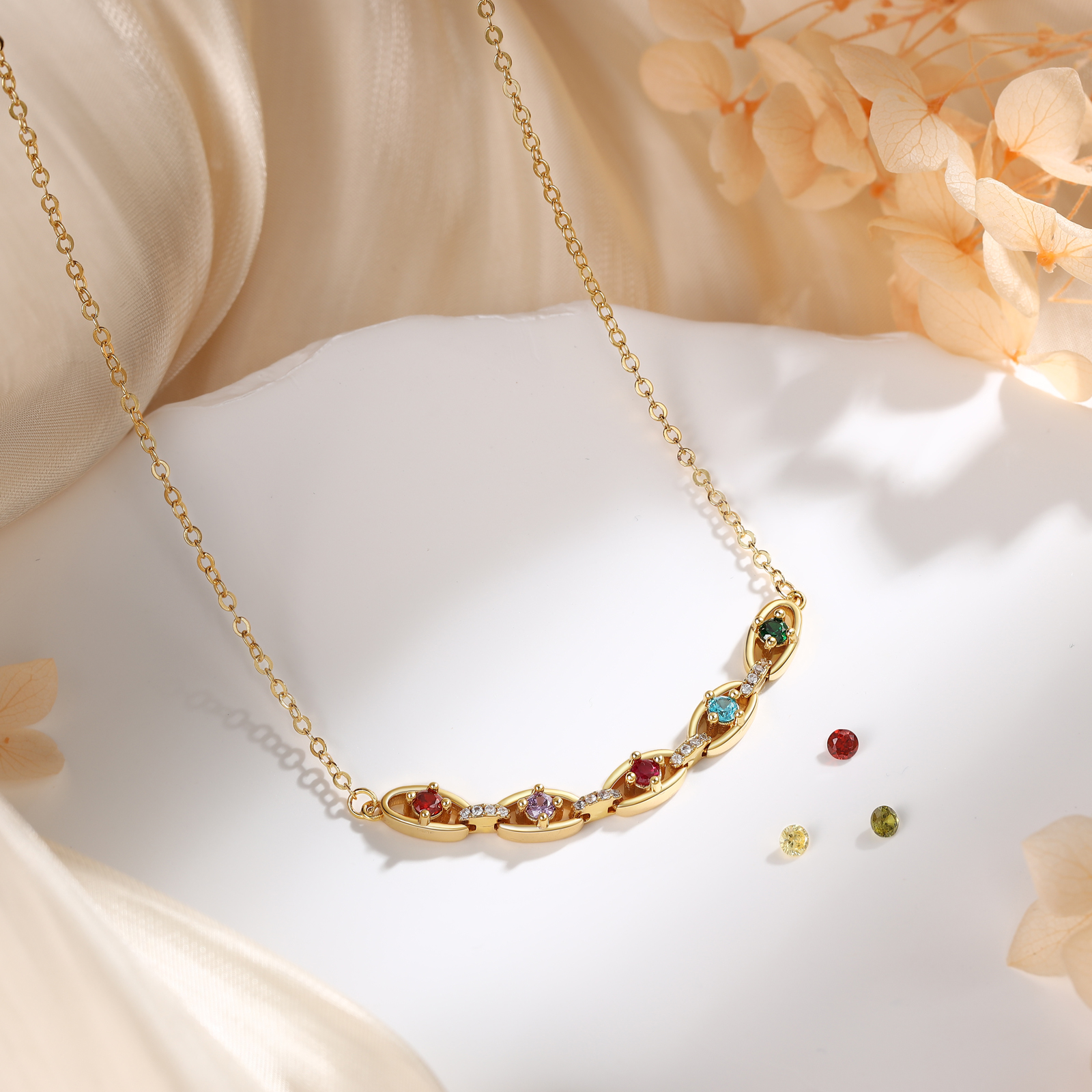 Personalized 2–5 Birthstones Gold Chain Necklace for Women