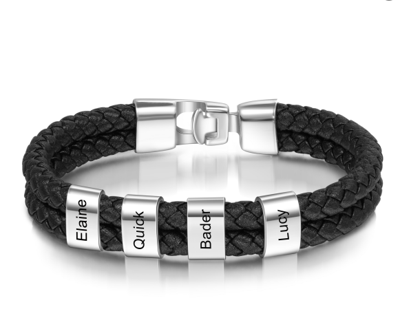 Customized  Braided Leather Bracelet Engraved 5 Names Men's Bracelet Gifts For Dad