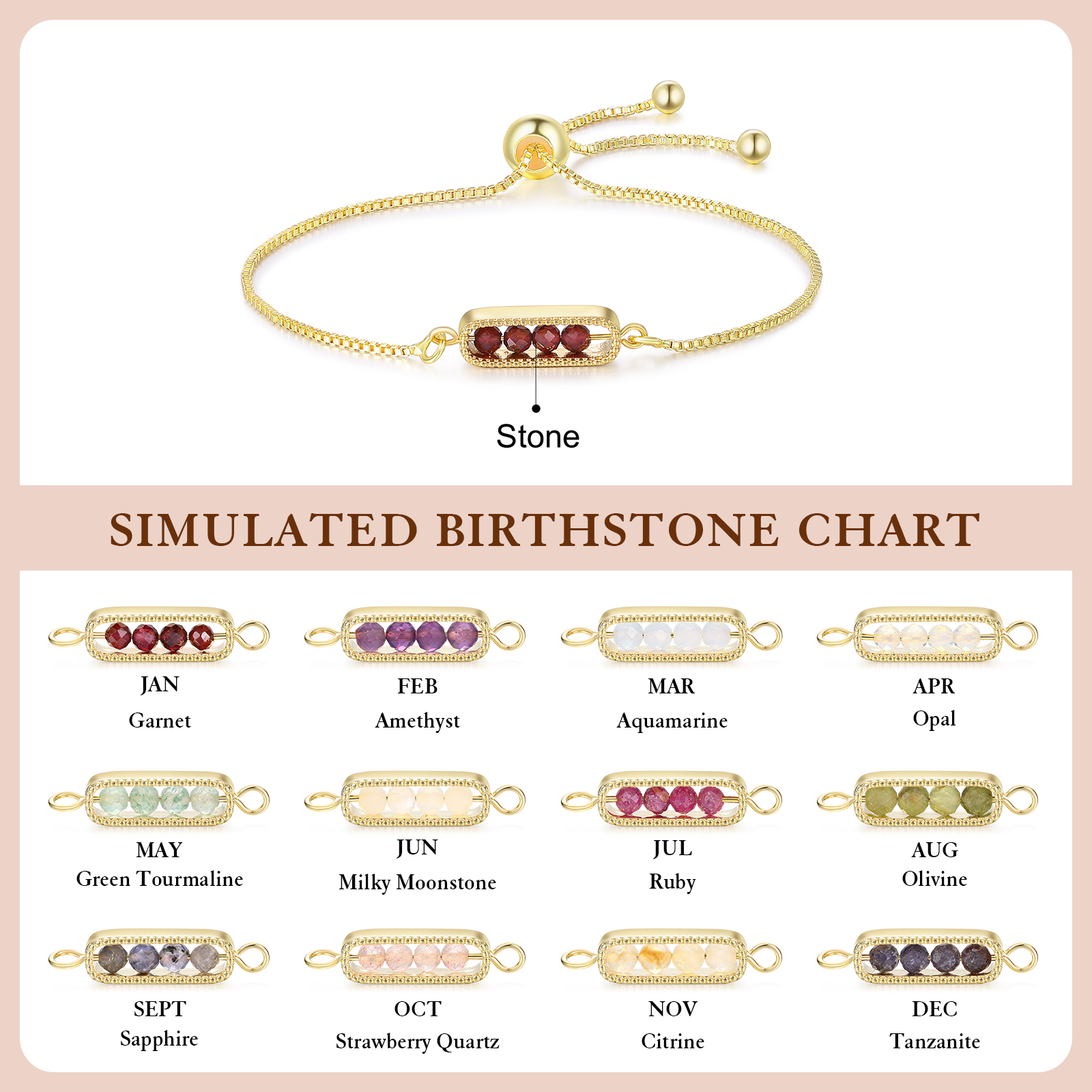 Personalized Bar Bracelet With Birthstone Adjustable Minimalist Design for Women