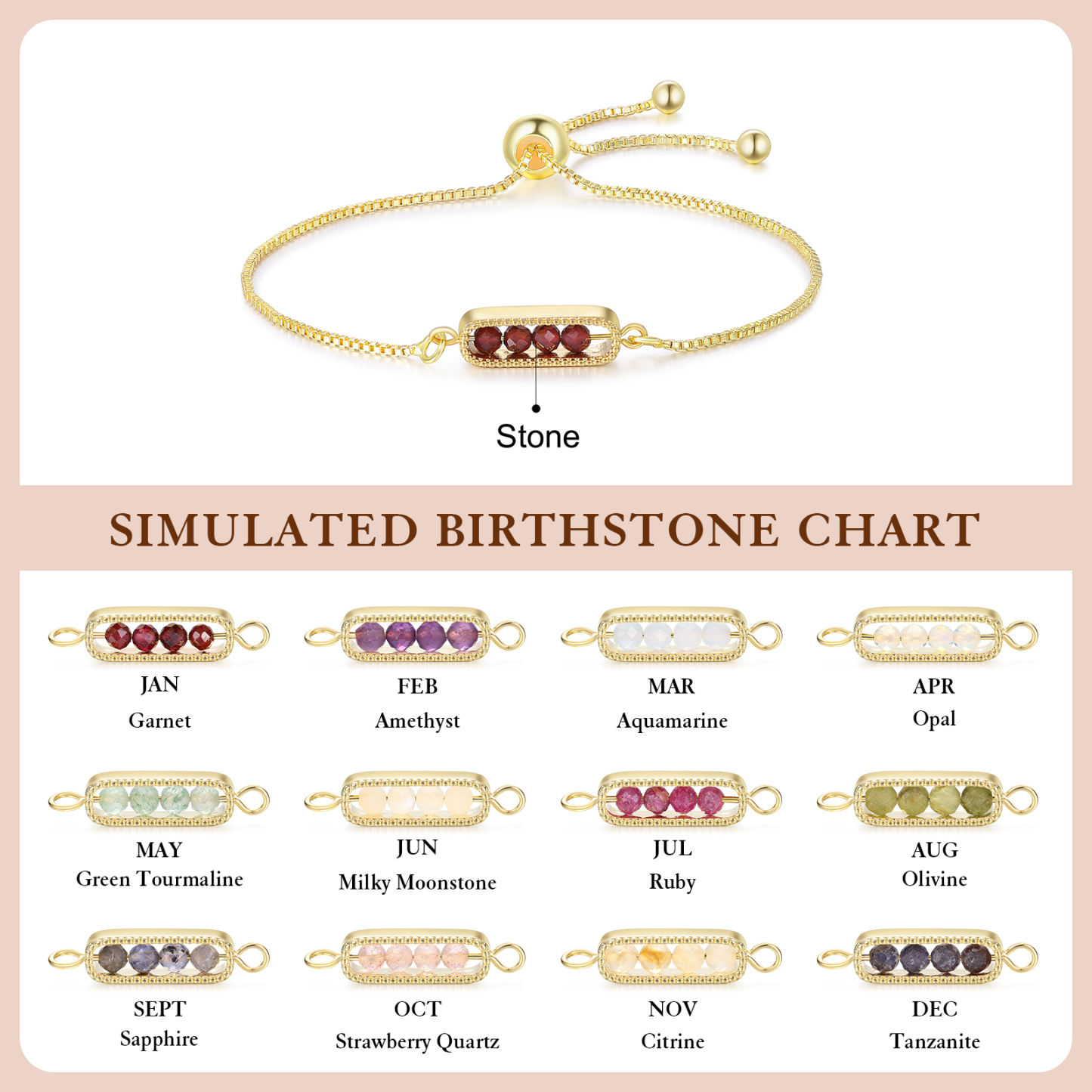 Personalized Bar Bracelet With Birthstone Adjustable Minimalist Design for Women