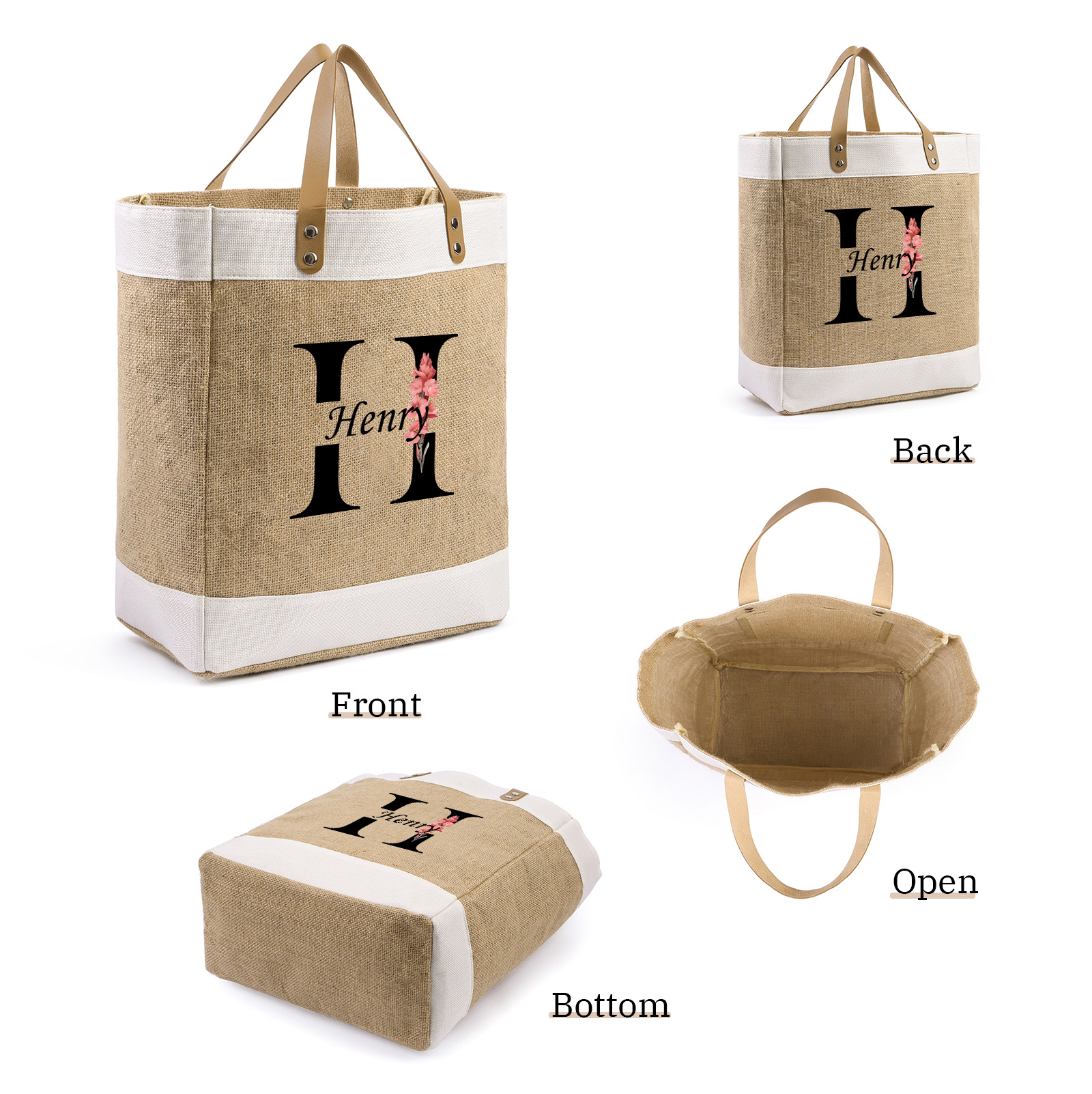 Personalized Jute Tote Bag, Birth Flower Monogram