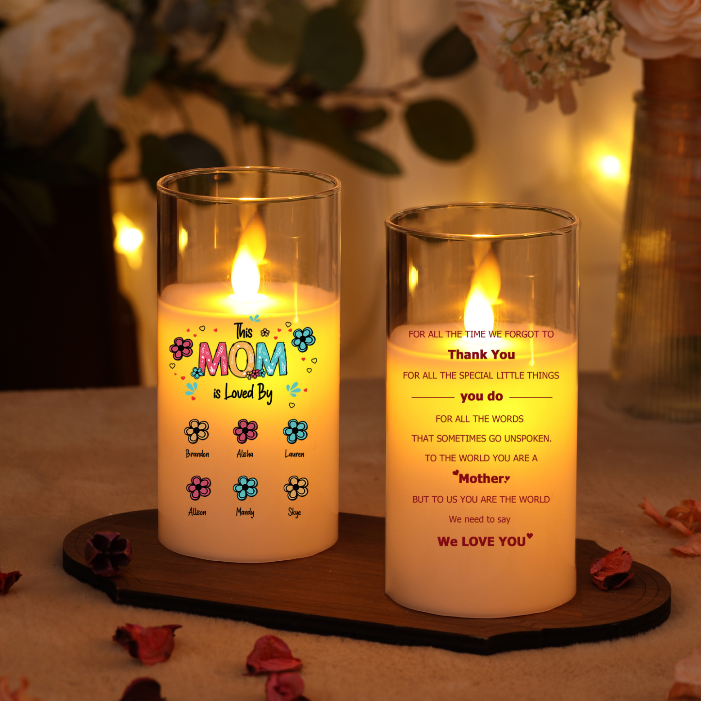 Personalized LED Glass Candle Thank You Gift for Mom, Custom Names, Warm Home Décor, Ideal for Mother’s Day, Birthday, and Christmas to Cherish Your Mom | Jessemade