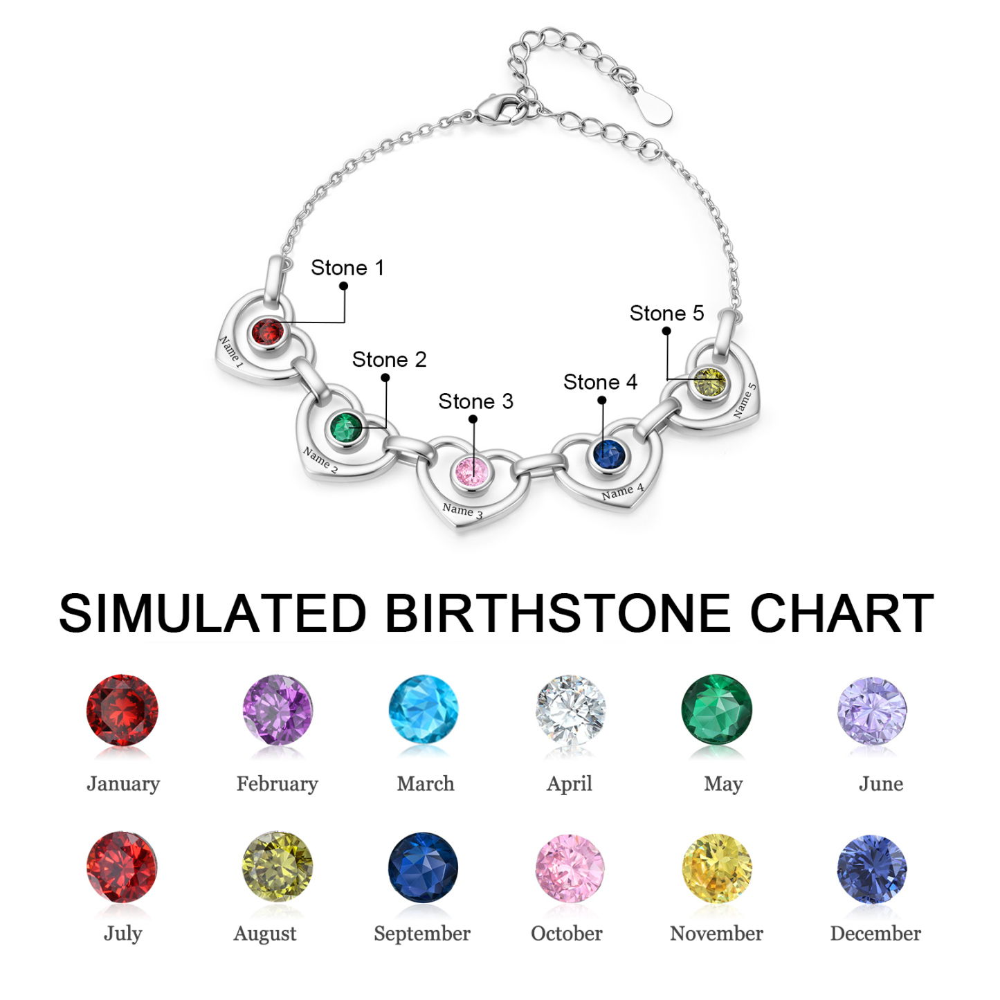 Personalized Intertwined Hearts Bracelet Customized With 1-5 Names And Birthstones Gift For Mom Or Girlfriend