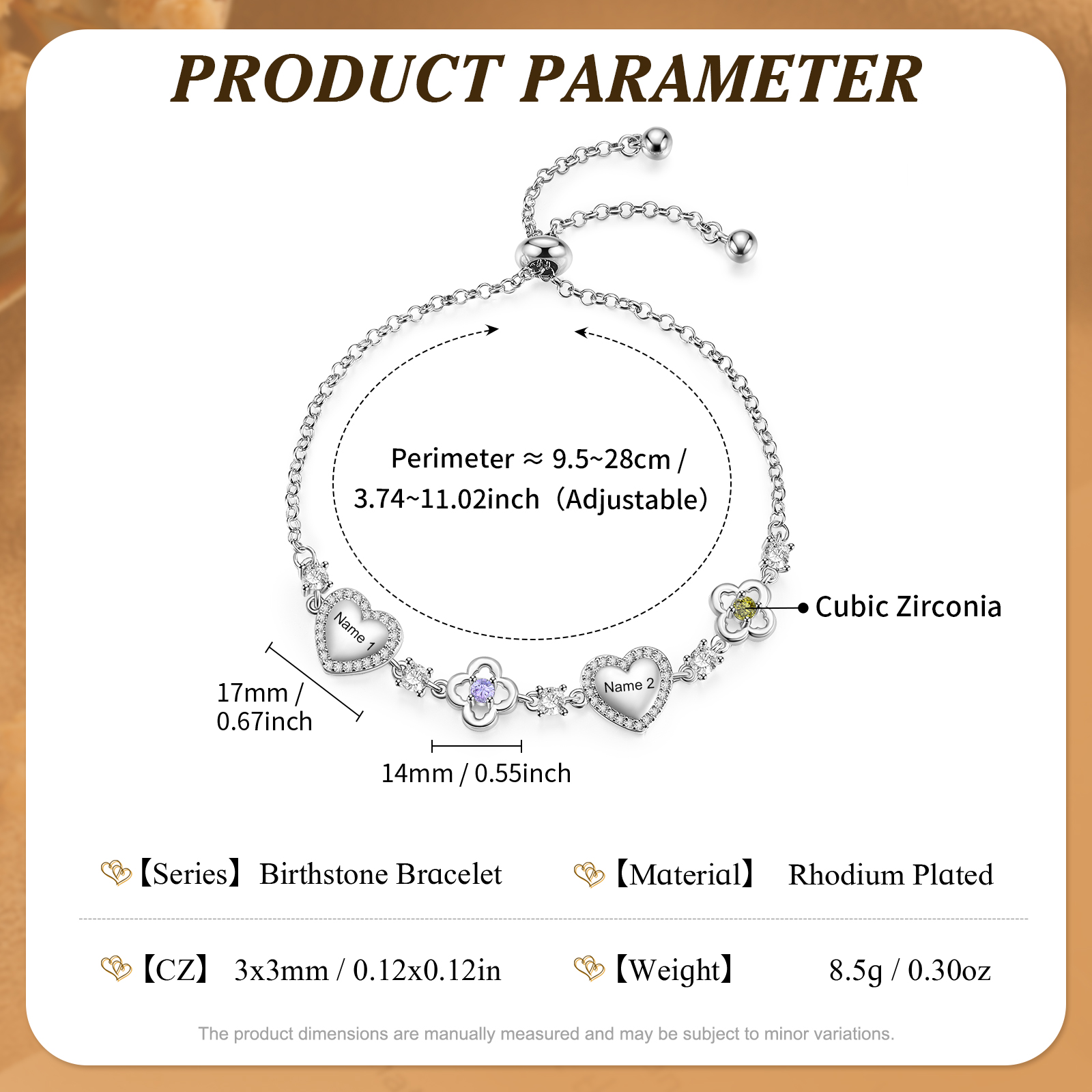 Personalized Birthstone Bracelet with Heart and Flowers Customized with 2–5 Names and Stones