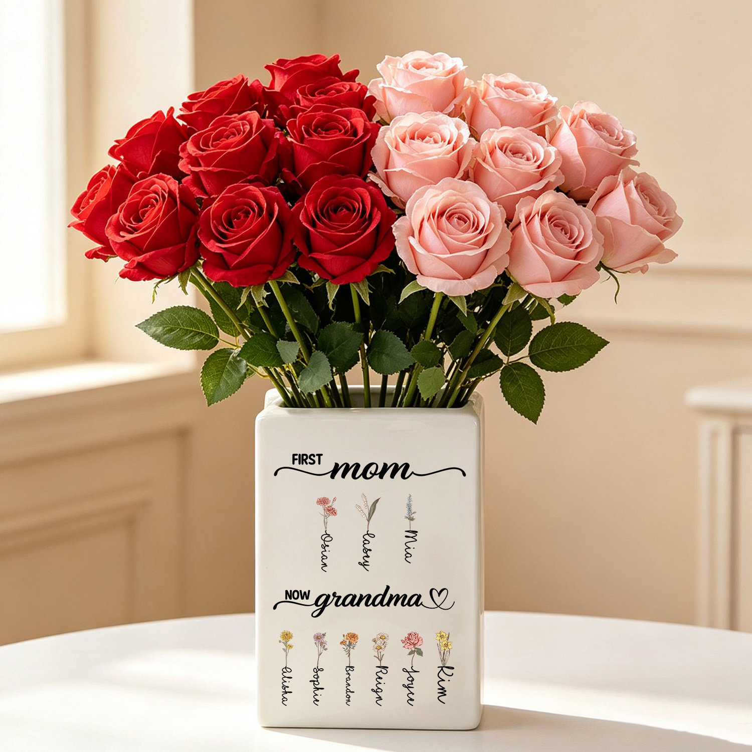 Personalized Ceramic Vase for Grandma Customized with 2-12 Names and Birth Flowers