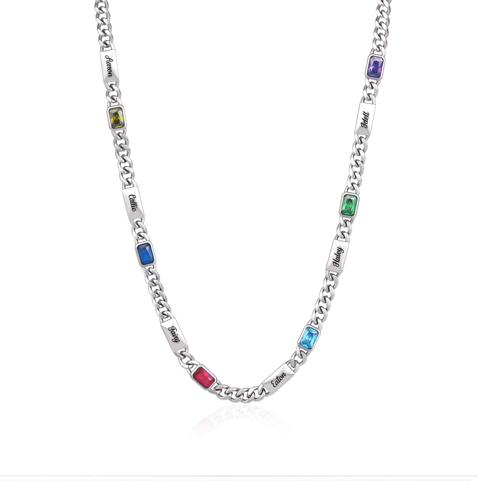 Personalized Cuban Chain Men Necklace Custom With 1-6 Names And Birthstones Gift For Dad Or Husband