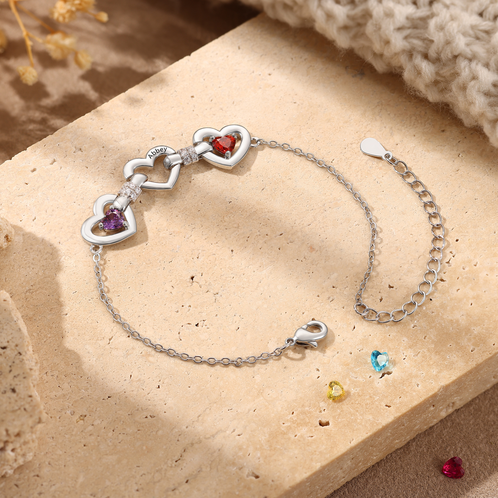 Personalized Linked Hearts Birthstone Bracelet with 1–4 Engraved Names