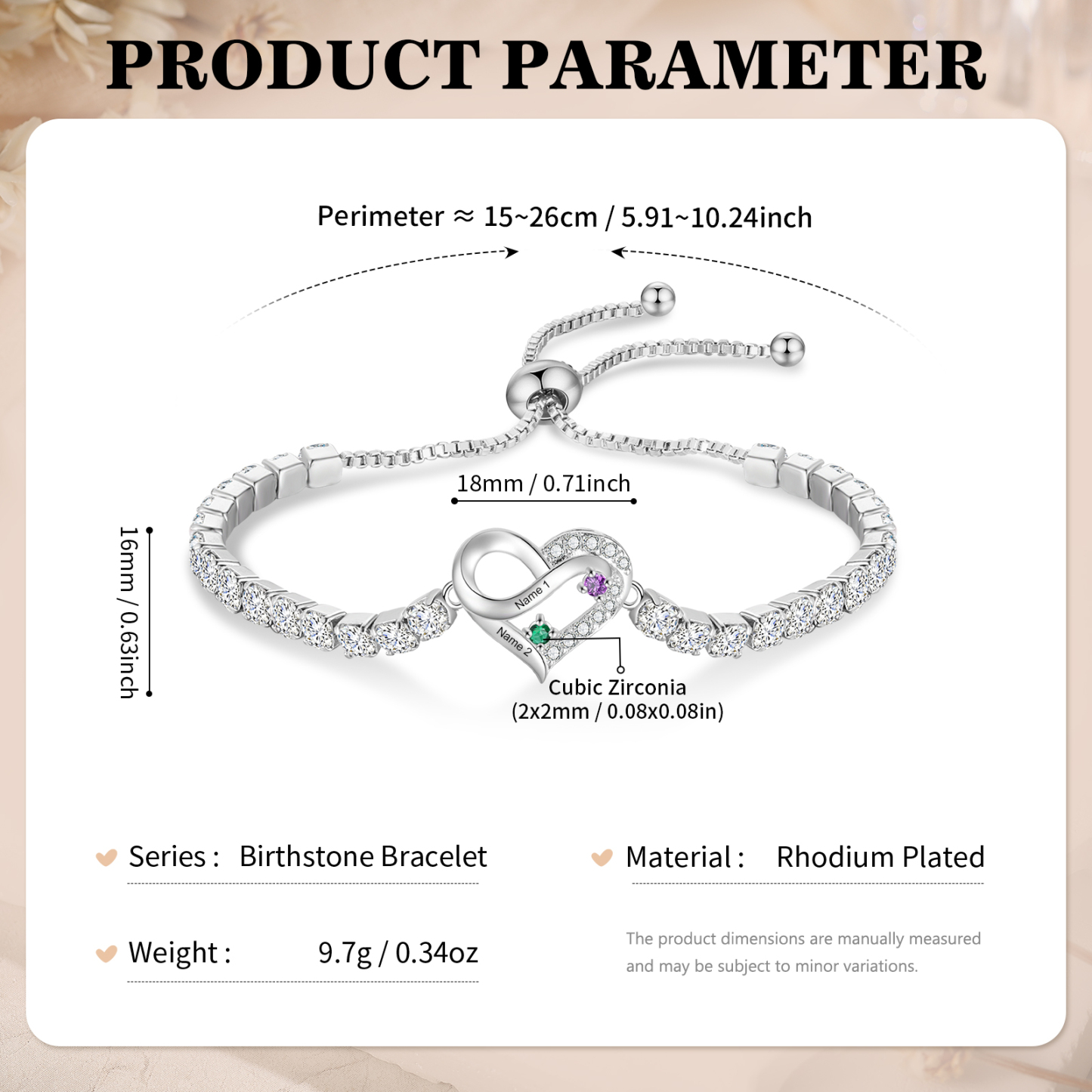 Personalized Infinity Heart Tennis Bracelet with 2–4 Names and Birthstones