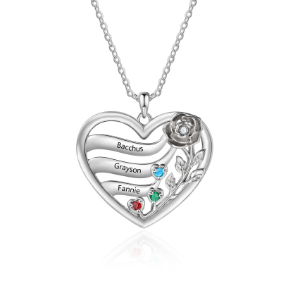 Personalized Rose Heart Birthstone Necklace Custom with 2–5 Names