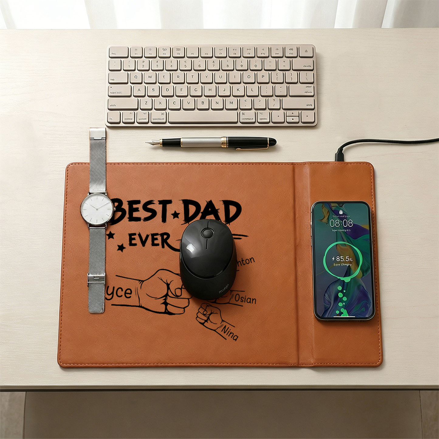 Personalized Leather Desk Pad With Wireless Charging Function Custom with 1-6 Names And Fist Bumps