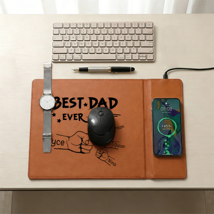 Personalized Leather Desk Pad With Wireless Charging Function Custom with 1-6 Names And Fist Bumps