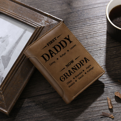 Personalized Men Trifold Leather Wallet First Dad Now Grandpa Custom with 2-14 Names