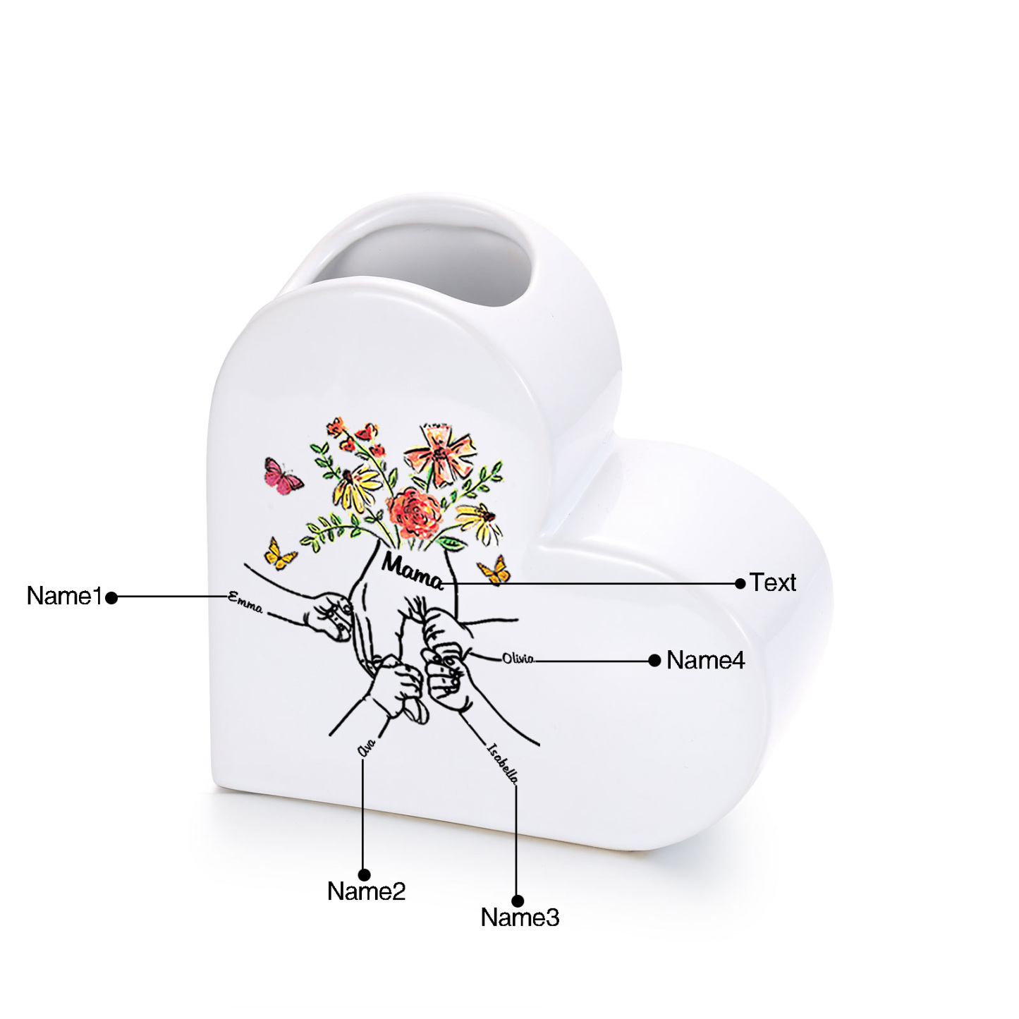 Personalized ceramic heart vase custom with text and 2–8 children’s names