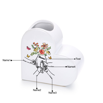 Personalized ceramic heart vase custom with text and 2–8 children’s names