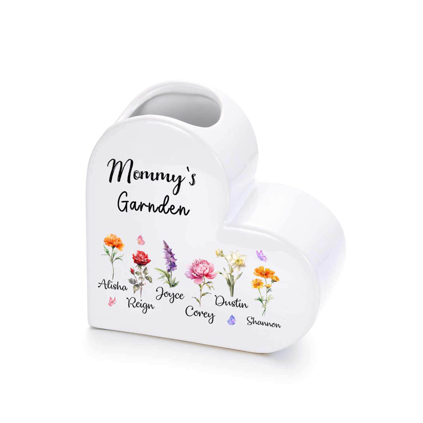 Personalized Heart Shaped Ceramic Vase Grandma’S Garden Custom With 1–12 Birth Flowers And Names