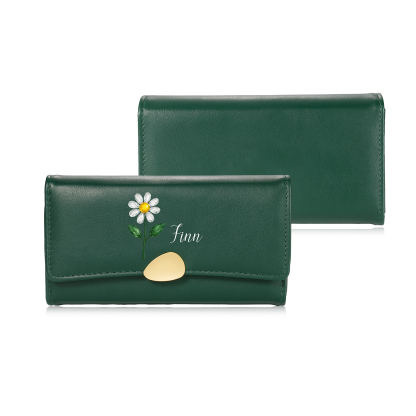 Personalized Long Women Leather Wallet Custom with Birth Flower and Name