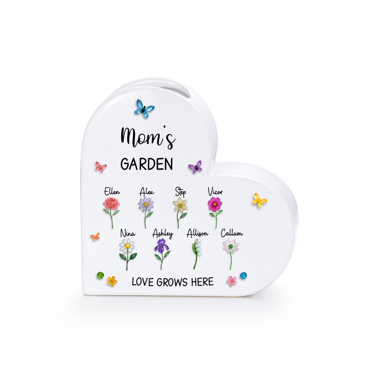 Personalized Ceramic Heart Vase Custom with 1–10 Names and Birth Flowers Family Gift for Mom or Grandma