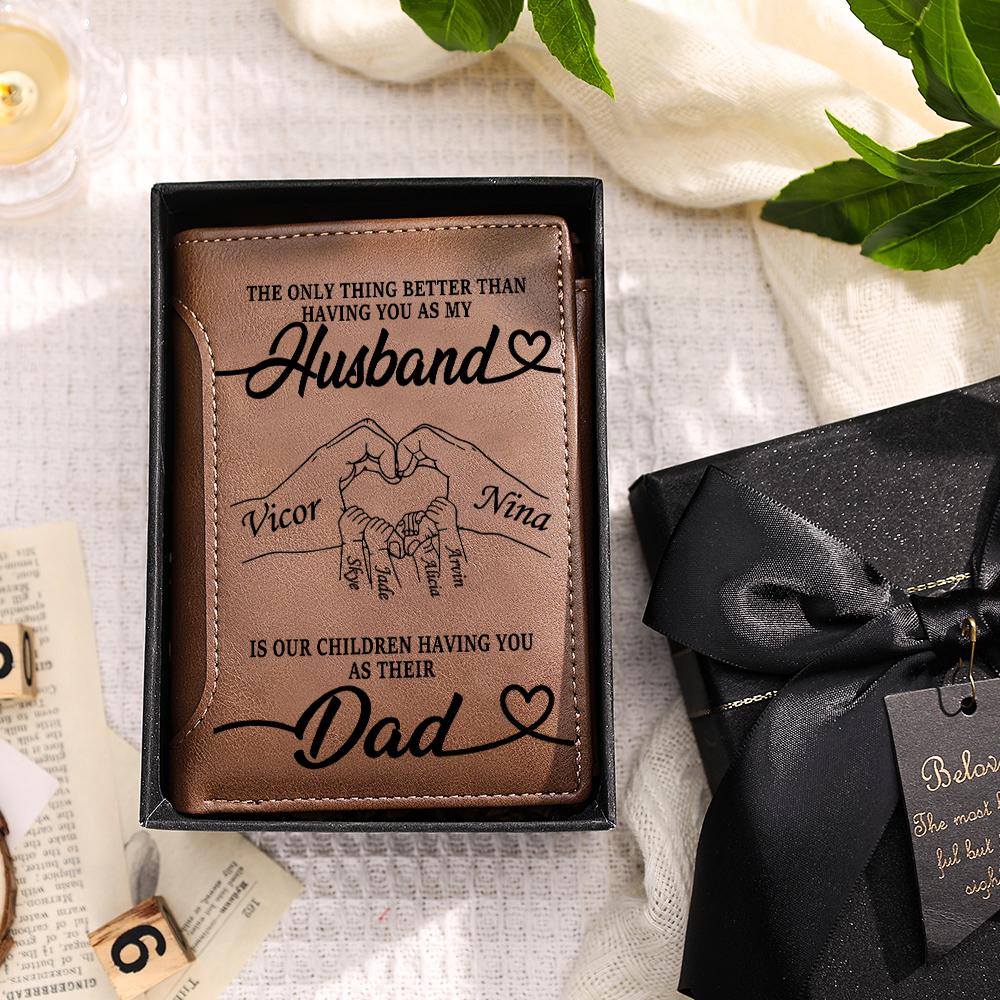 Personalized Leather Trifold Wallet for Husband or Dad with 1–6 Kids Names and Heart Hands Design