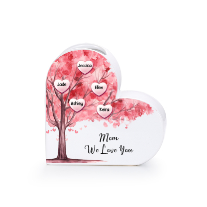 Personalized Heart Shaped Ceramic Vase With Pink Family Tree Customized With 1–12 Names