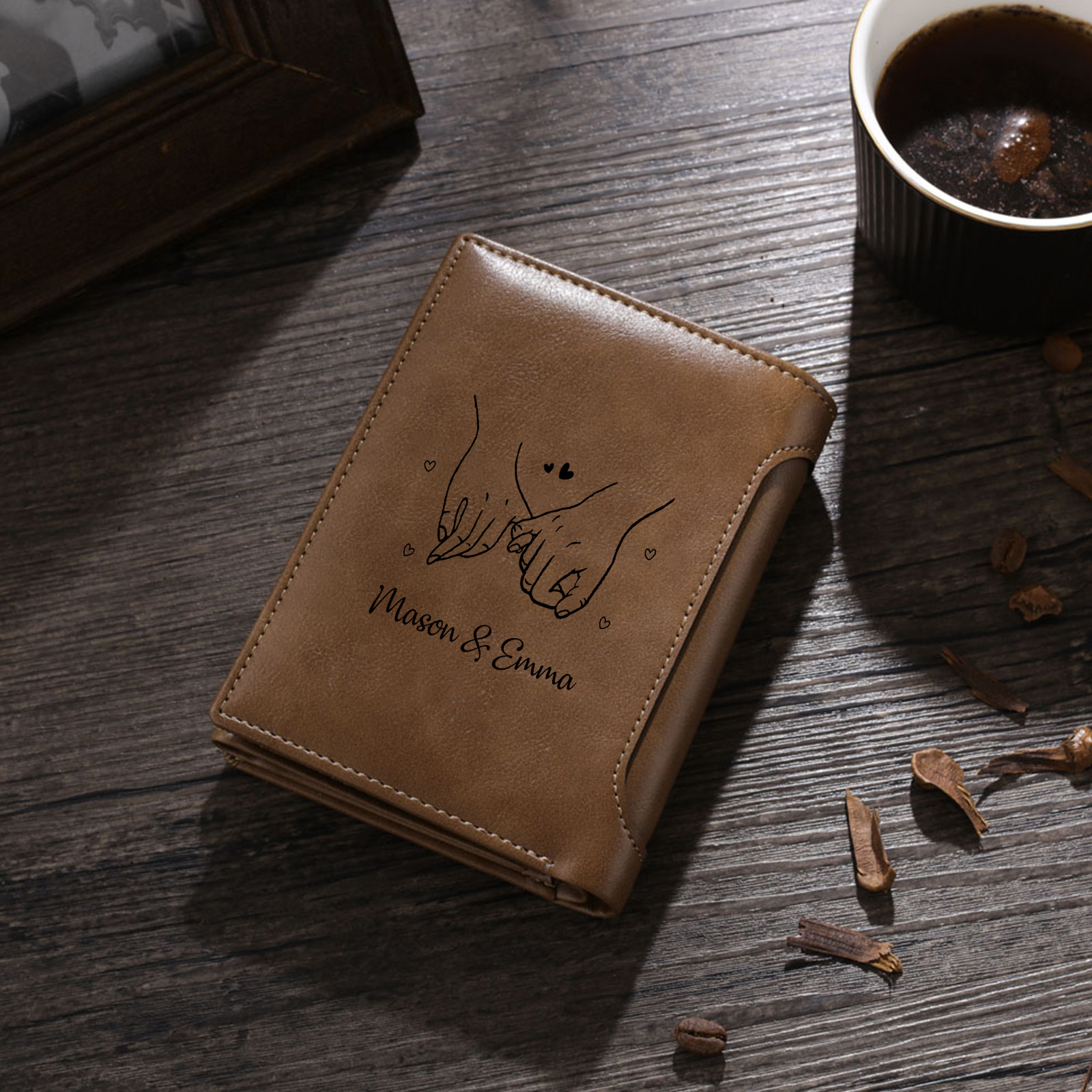 Personalized Men's Leather Wallet with Photo Couple's Pinky Promise Trifold Wallet