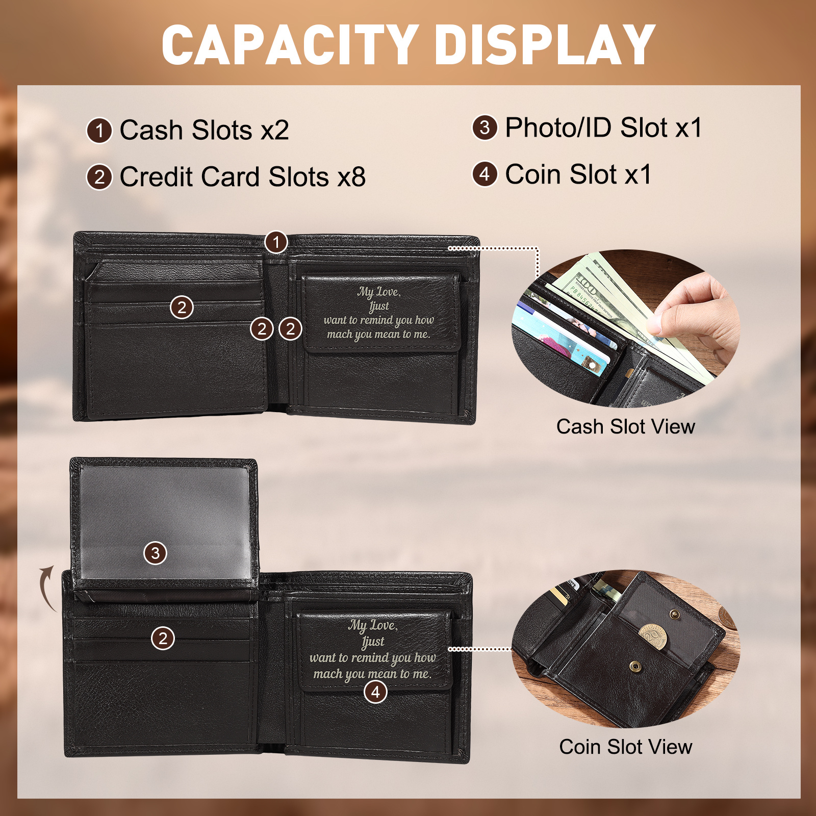 Personalized Leather RFID Bifold Wallet for Men with ID Window and Initial or Name Engraved