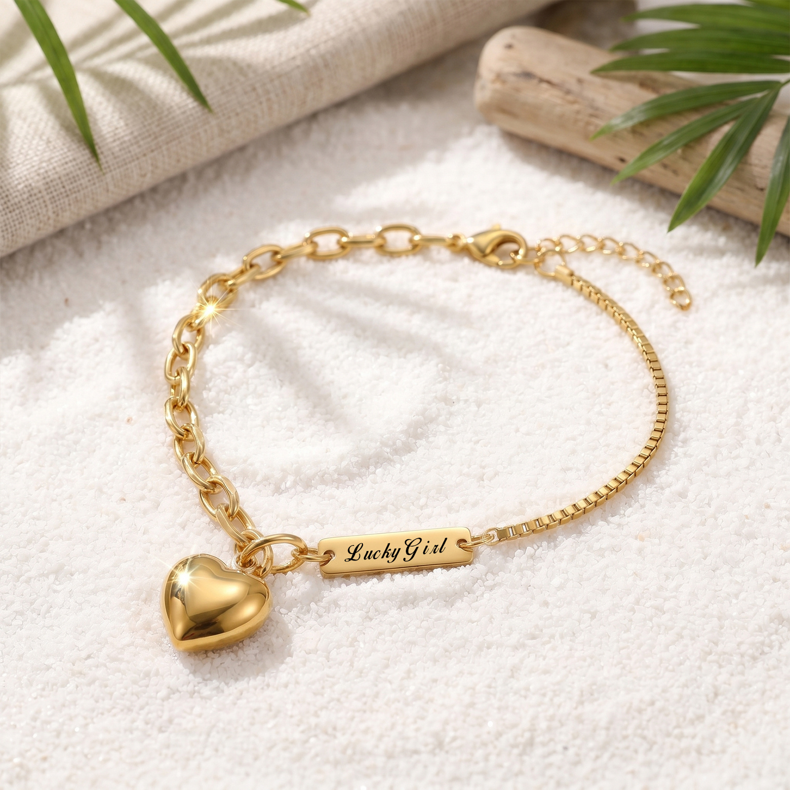 Personalized Gold Heart Charm Chain Anklet