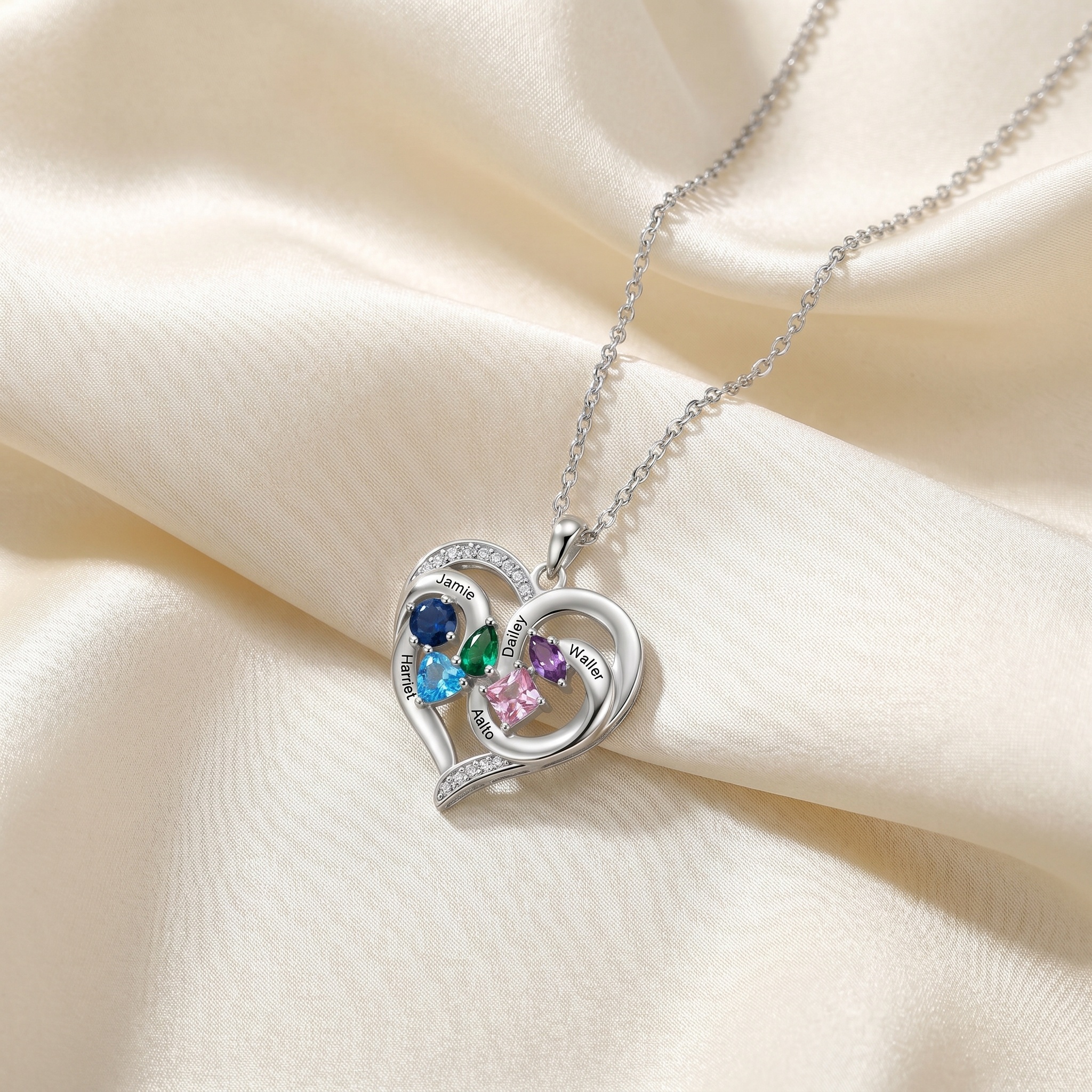 Personalized Double Heart Birthstone Necklace Customized with 1-5 Names