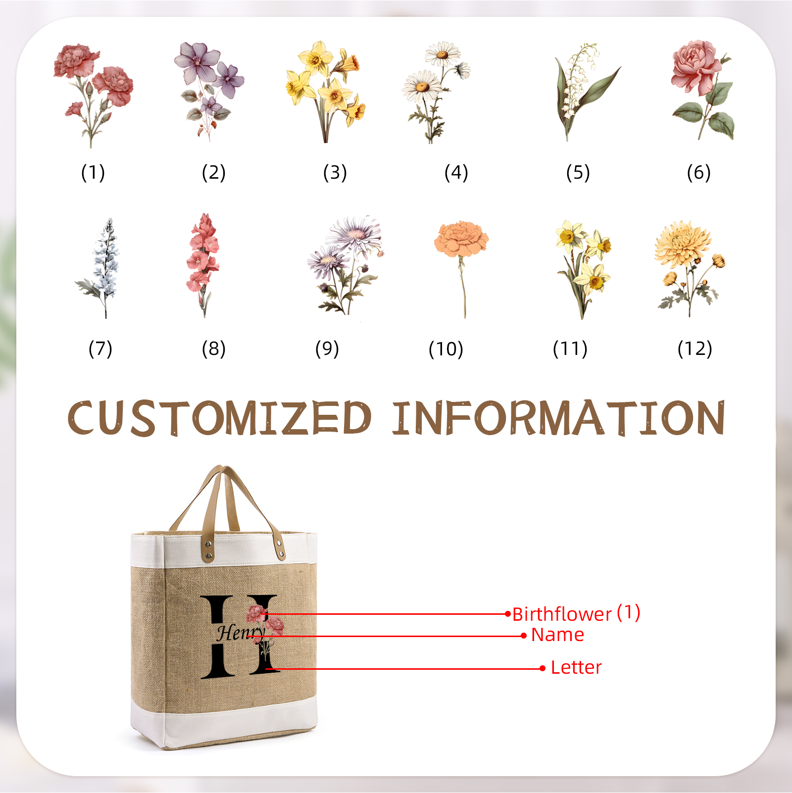 Personalized Jute Tote Bag, Birth Flower Monogram