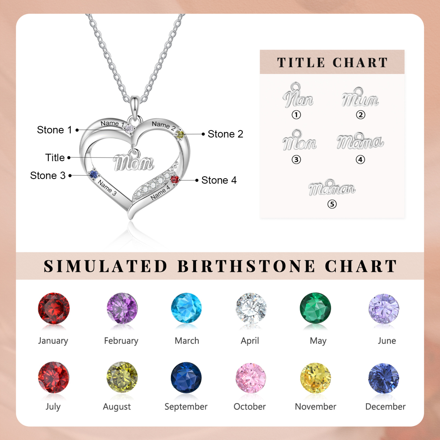 Personalized Mom Heart Necklace with 2–5 Kids Names and Birthstones