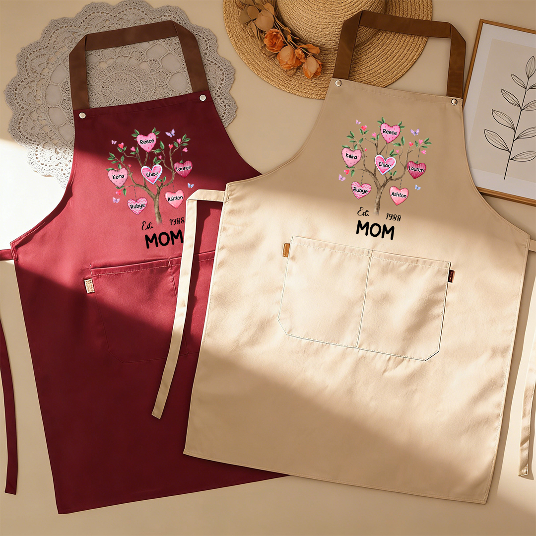 Personalized Mom Family Tree Apron with Pocket Customized with 2–8 Names