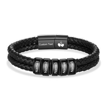 Personalized Black Braided Leather Bracelet Custom With 2-6 Names For Men