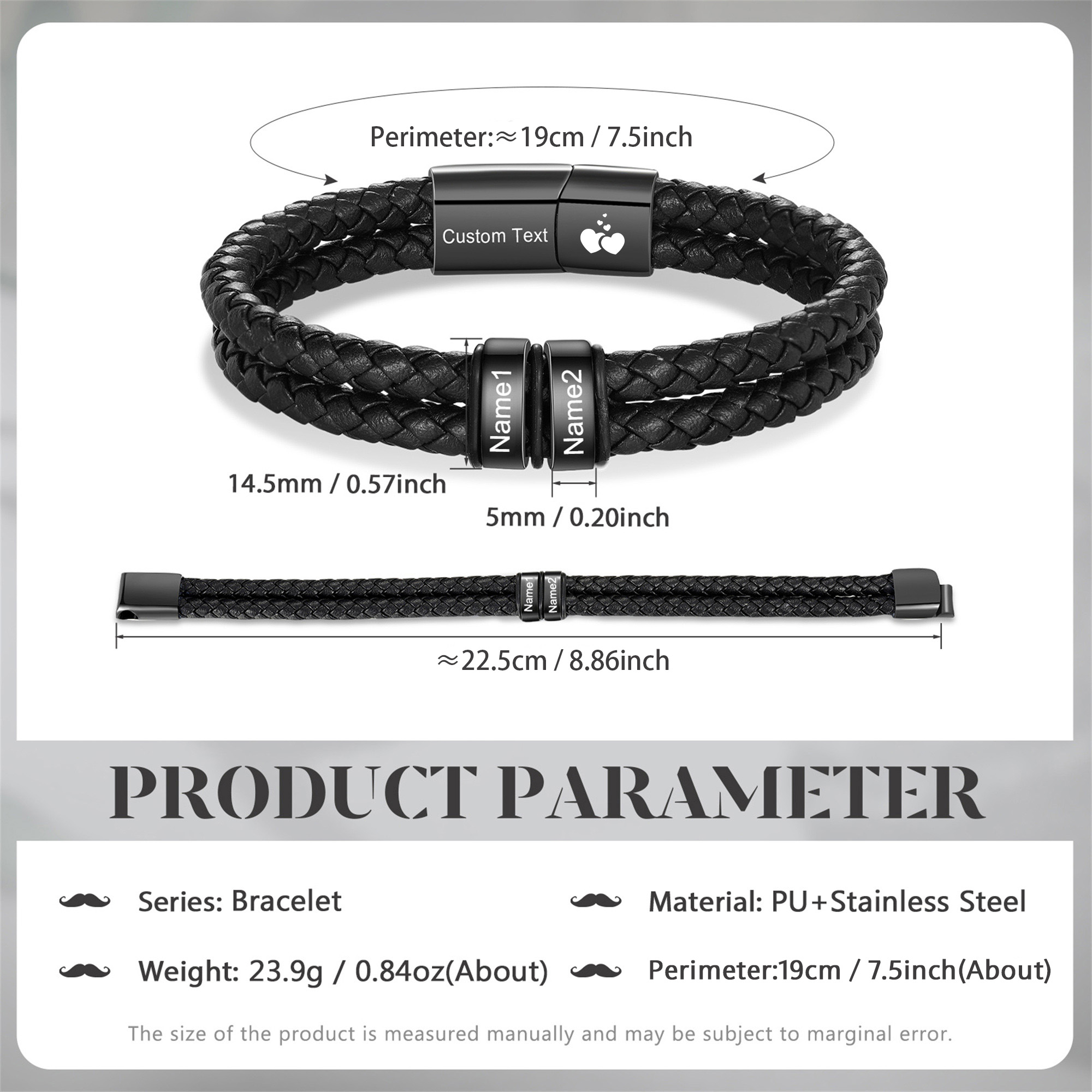 Personalized Black Braided Leather Bracelet Custom With 2-6 Names For Men