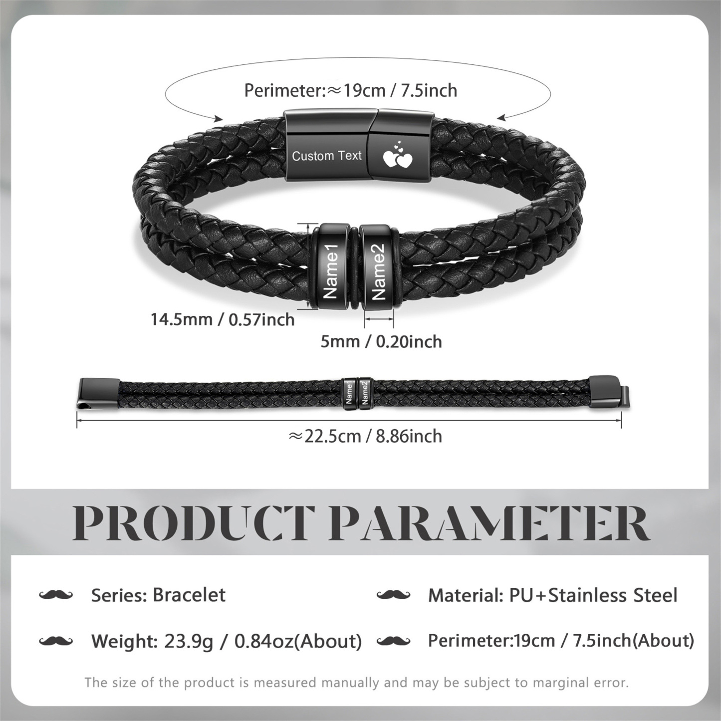 Personalized Black Braided Leather Bracelet Custom With 2-6 Names For Men