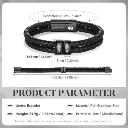 Personalized Black Braided Leather Bracelet Custom With 2-6 Names For Men
