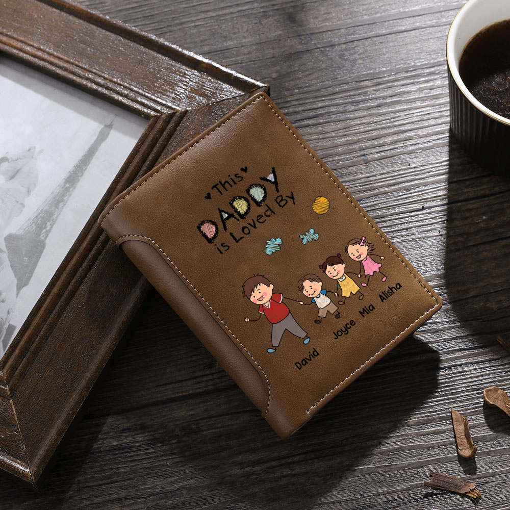 Personalized Leather Wallet For Dad Grandpa Custom With 1–8 Names And Child Figures