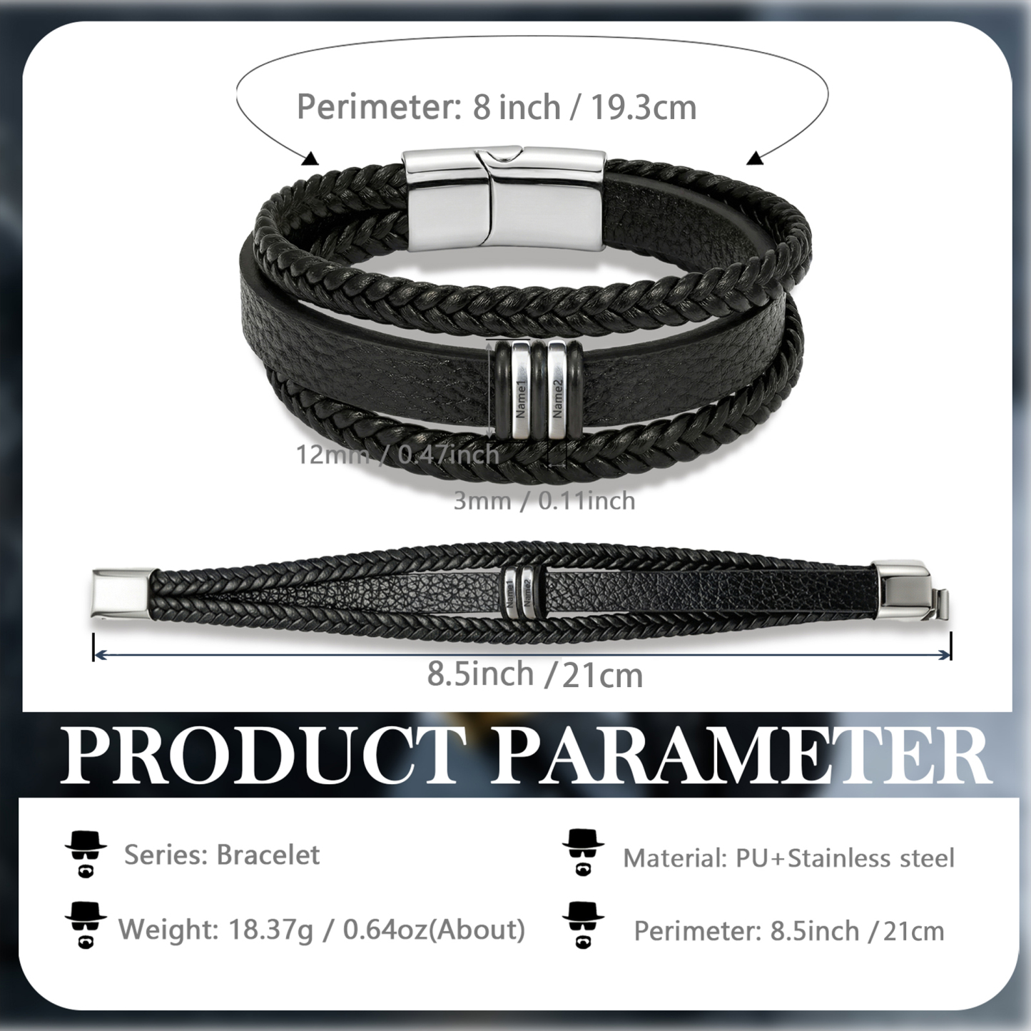Personalized Braided Leather Bracelet for Men Custom with 2–6 Names Engraved