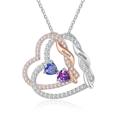 Personalized Heart-to-Heart Birthstone Necklace with Names – Custom Diamond Pendant Gift | Jessemade