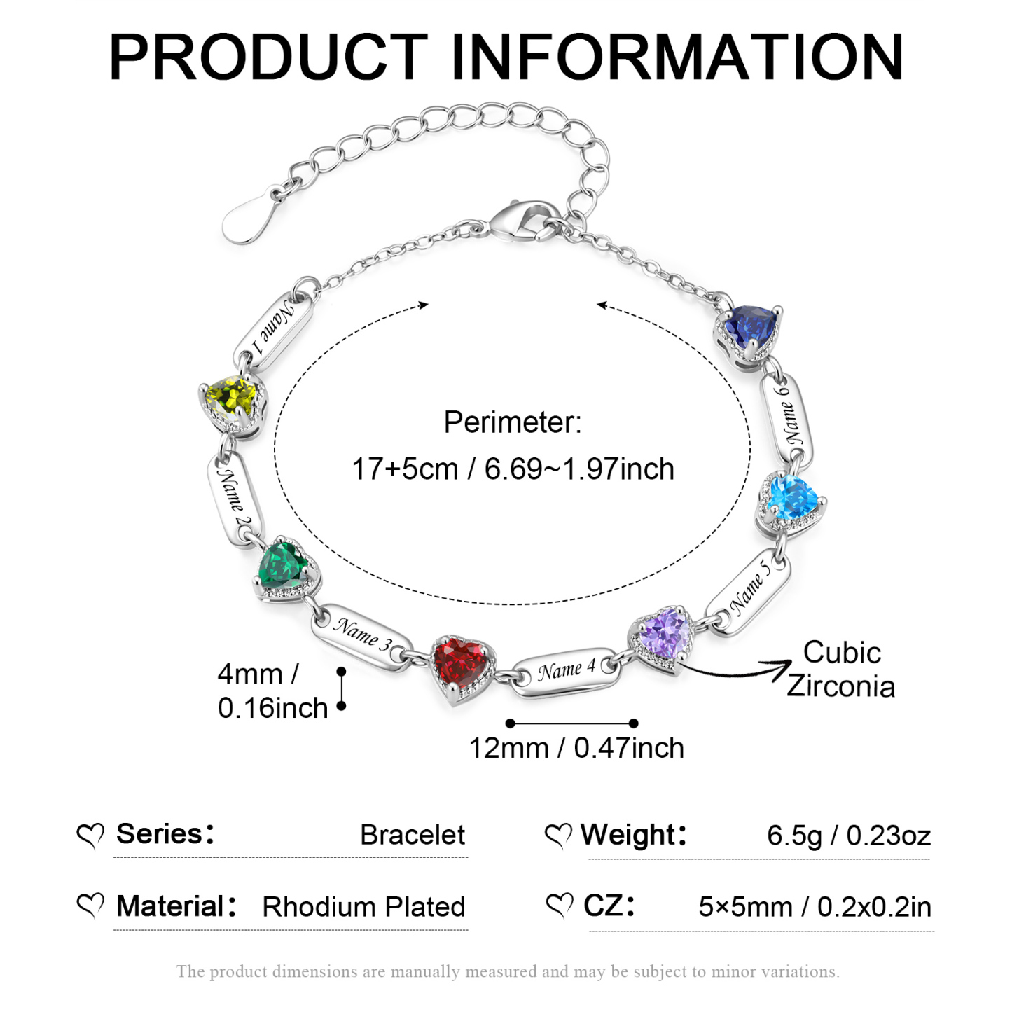 Personalized Heart Birthstone Bracelet Customized with 1-6 Names and Stones