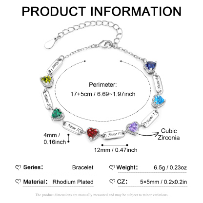Personalized Heart Birthstone Bracelet Customized with 1-6 Names and Stones